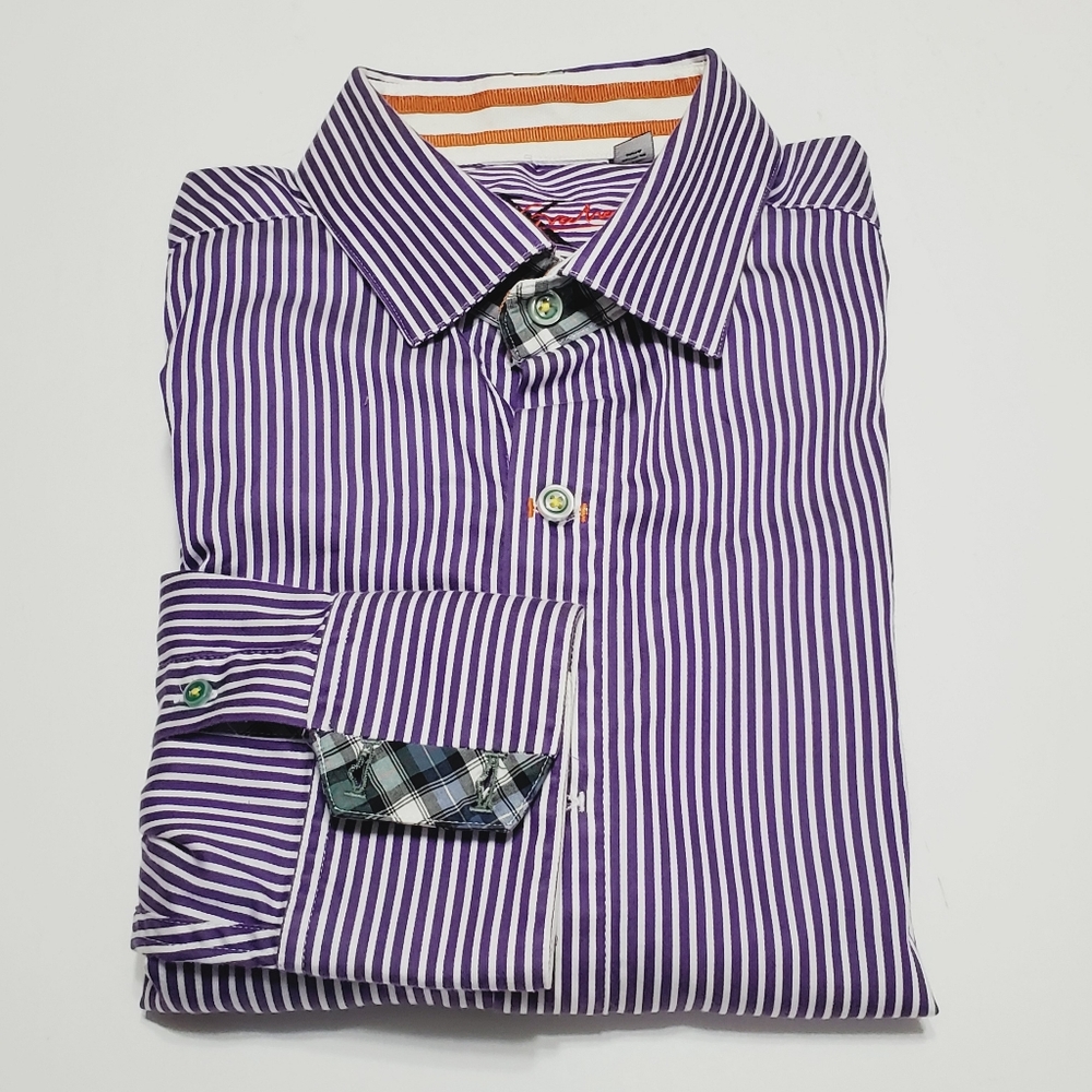 Robert Graham Purple Stripe Men's Casual Long Sleeve Shirt Large Spread